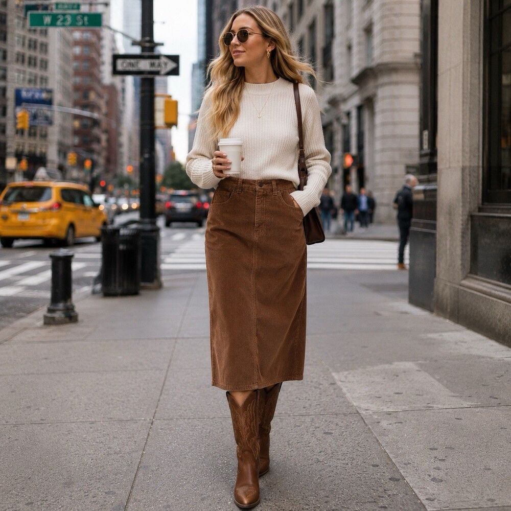 Vintage 70s Brown Corduroy Midi Pencil Skirt Women Size 8 Pockets Button Boho